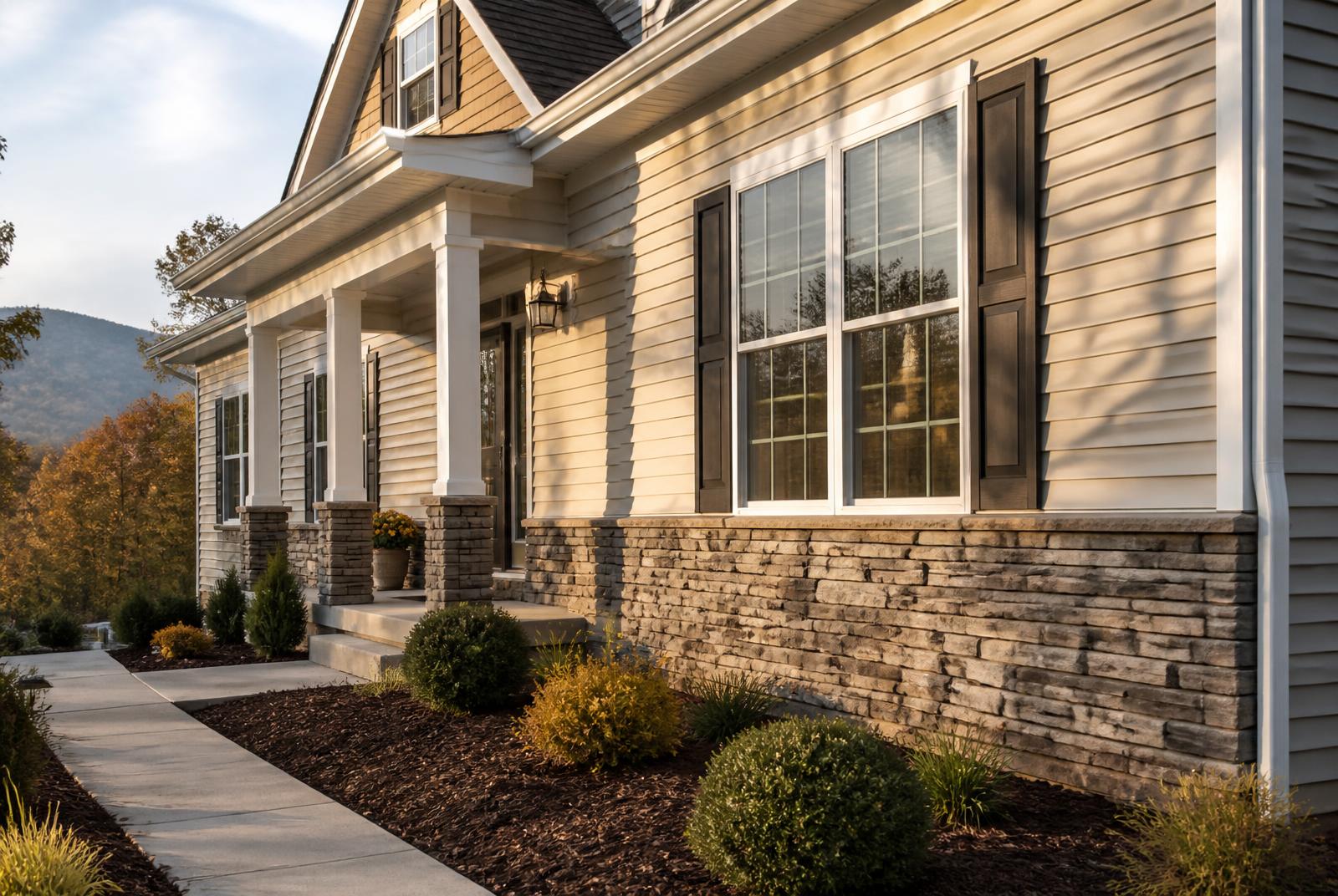 Home exterior with stone veneer wainscot and lap siding installed by AWJ Masonry in Martinsburg, WV
